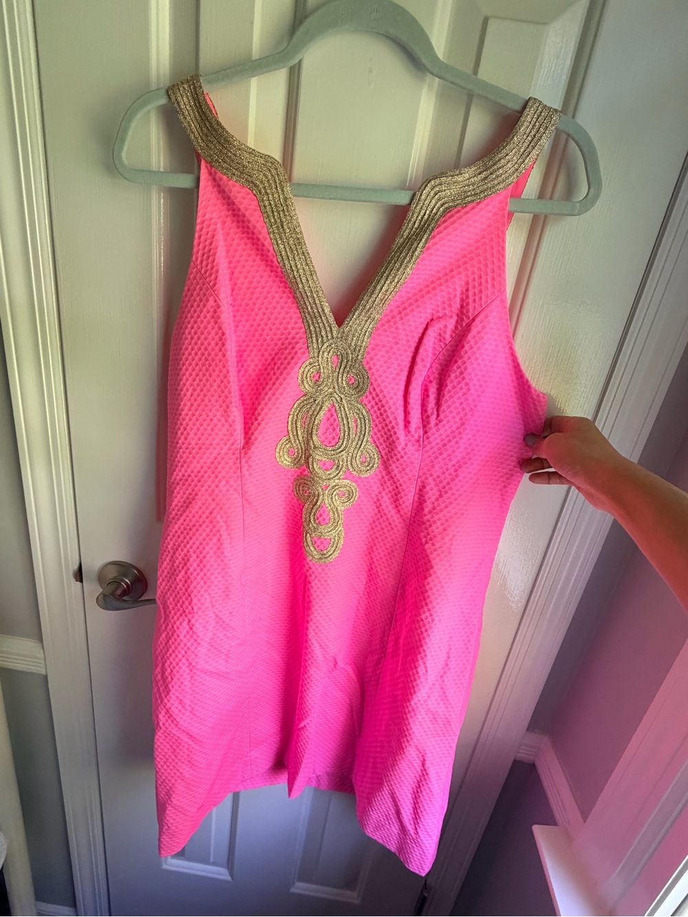 Lily Pulitzer Pink Sleeveless shift Dress with Gold Embellished V-Neck